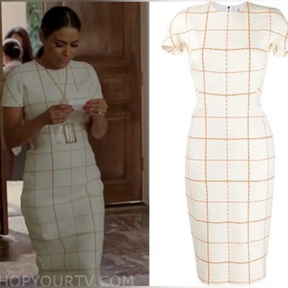 VICTORIA BECKHAM Cream & Mustard Wool Check Short Sleeve Dress Size 4